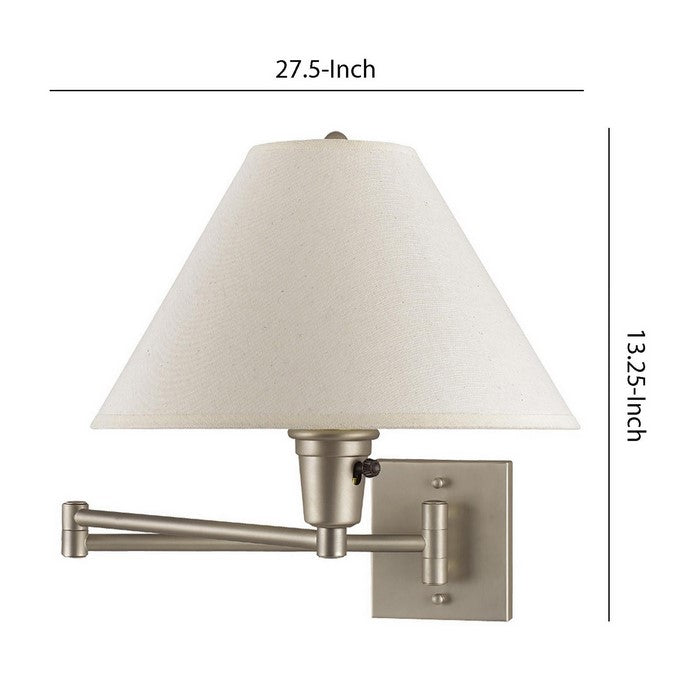 60 Watt Metal Swing Arm Wall Lamp with Tapered Shade, Off White and Silver