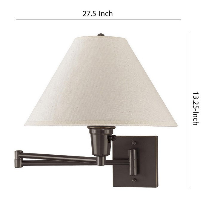 60 Watt Metal Swing Arm Wall Lamp with Tapered Shade, Off White and Bronze