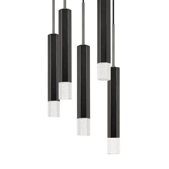 Hexagonal Metal Frame 5 LED Light Pendant with Glass Diffuser, Black