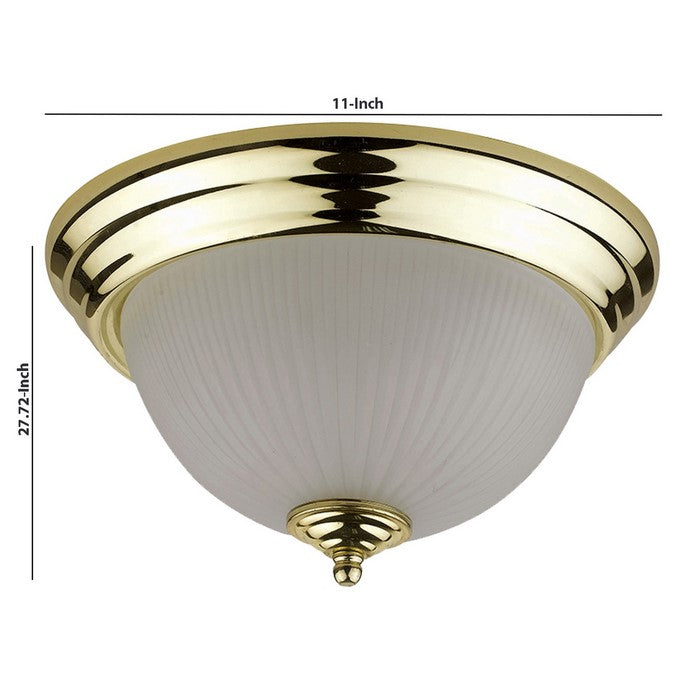 Metal Ceiling Lamp with Dome Shaped Shade and Finial Top, Clear and Gold