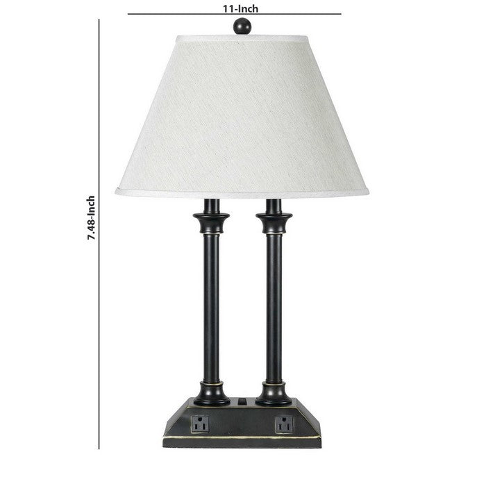 Metal Double Pedestal Base Table Lamp with Tapered Shade, Black and White