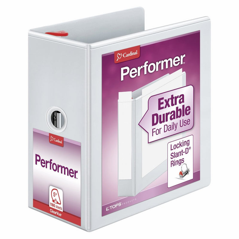 Cardinal Performer 3-Ring Binder, 5", Locking Slant-D Rings, 1,100-Sheet Capacity, ClearVue Presentation Binder, Nonstick, PVC-Free, White (19060)