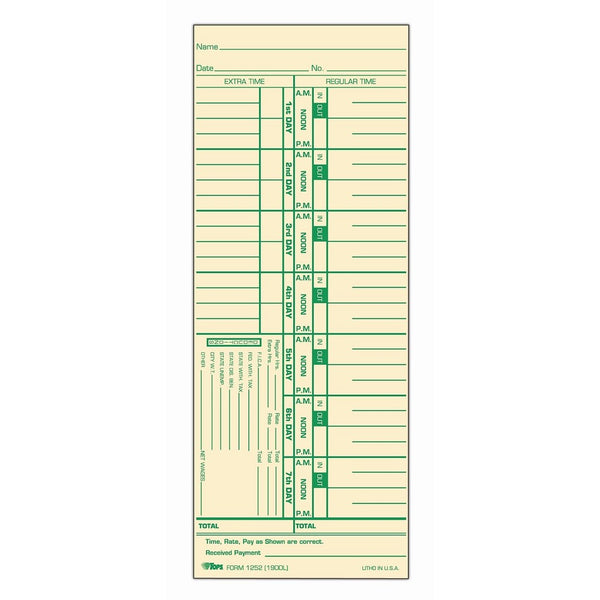 Tops Time Cards , Weekly, 1-Sided, Numbered Days, 3-1/2" x 9", Manila, Green Print, 500-Count (1252)