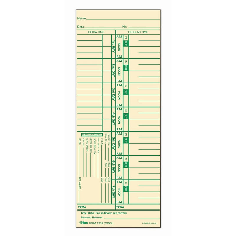 Tops Time Cards , Weekly, 1-Sided, Numbered Days, 3-1/2" x 9", Manila, Green Print, 500-Count (1252)