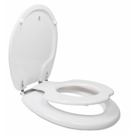 TOPSEAT TinyHiney Potty Round Toilet Seat, Adult/Child, w/ Slow Close Chromed Metal Hinges, Wood, White