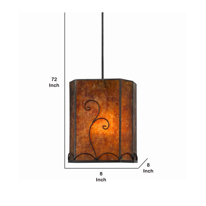 Scroll Design Pendant Lighting with Mica Shade, Brown and Black