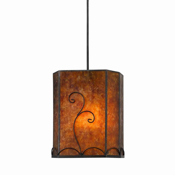 Scroll Design Pendant Lighting with Mica Shade, Brown and Black