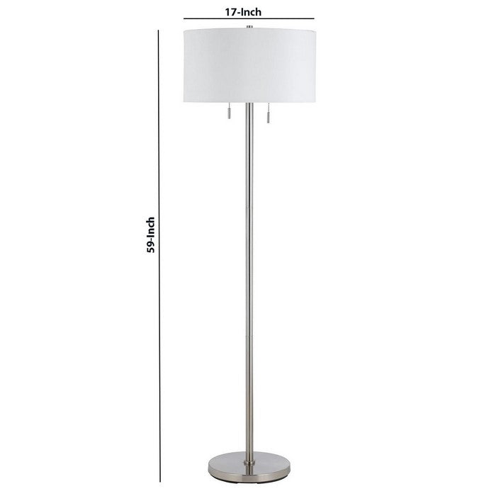 Metal Body Floor Lamp with Fabric Drum Shade and Pull Chain Switch, Silver
