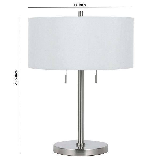 Metal Body Table Lamp with Fabric Drum Shade and Pull Chain Switch, Silver