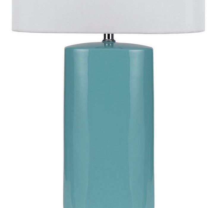 Ceramic Table Lamp with Cylindrical Body and Drum Shade, Blue and White
