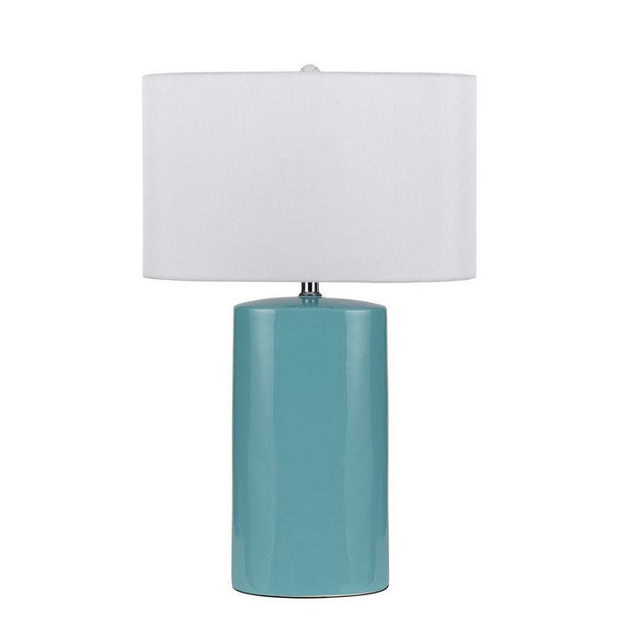 Ceramic Table Lamp with Cylindrical Body and Drum Shade, Blue and White
