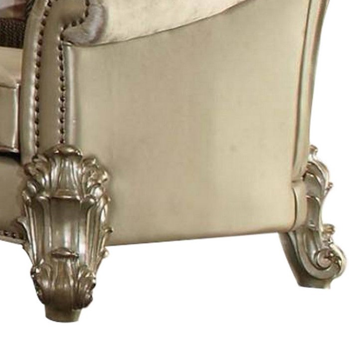 Leatherette Crown Top Loveseat with Pillows and Scrolled legs, Gold - BM221333