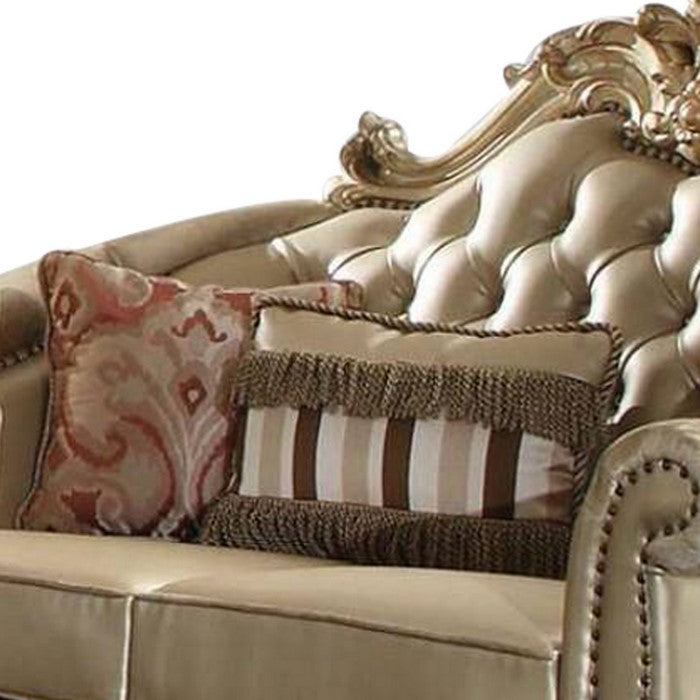 Leatherette Crown Top Loveseat with Pillows and Scrolled legs, Gold - BM221333