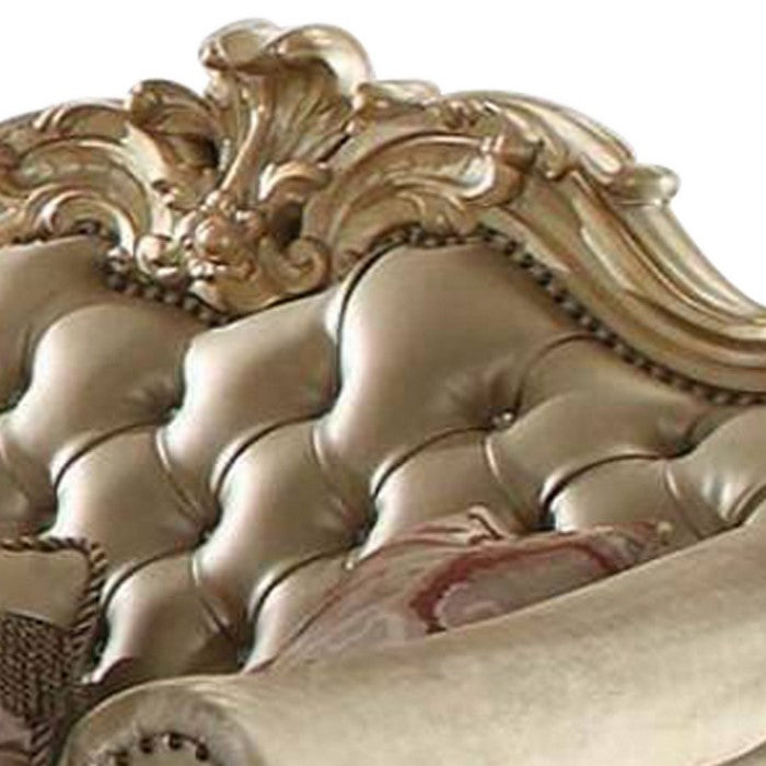 Leatherette Crown Top Loveseat with Pillows and Scrolled legs, Gold - BM221333