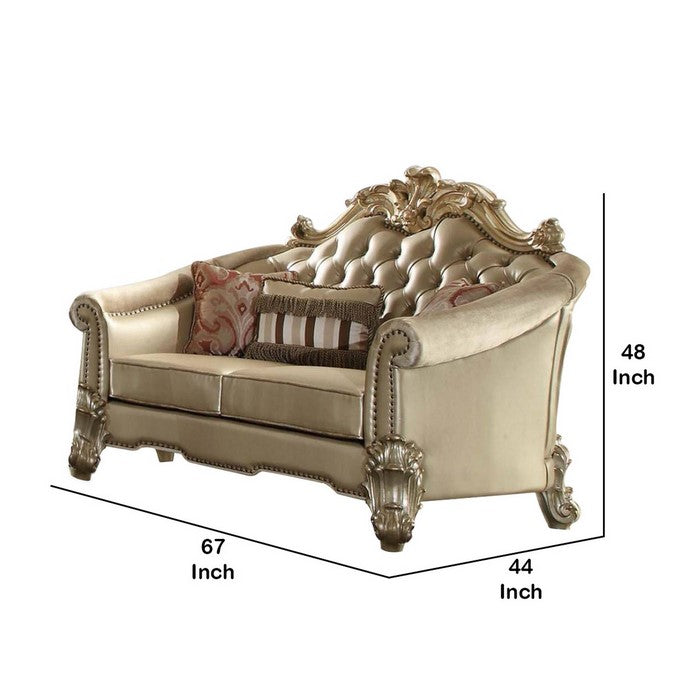 Leatherette Crown Top Loveseat with Pillows and Scrolled legs, Gold - BM221333