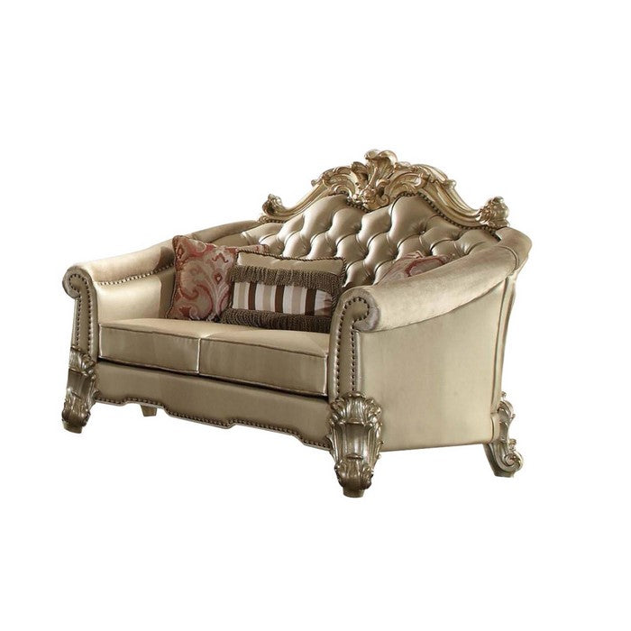 Leatherette Crown Top Loveseat with Pillows and Scrolled legs, Gold - BM221333