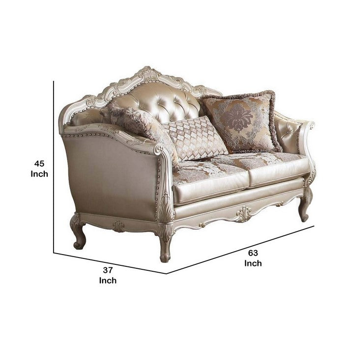 Leatherette Button Tufted Loveseat with Queen Anne Legs, Champagne Gold - BM221339