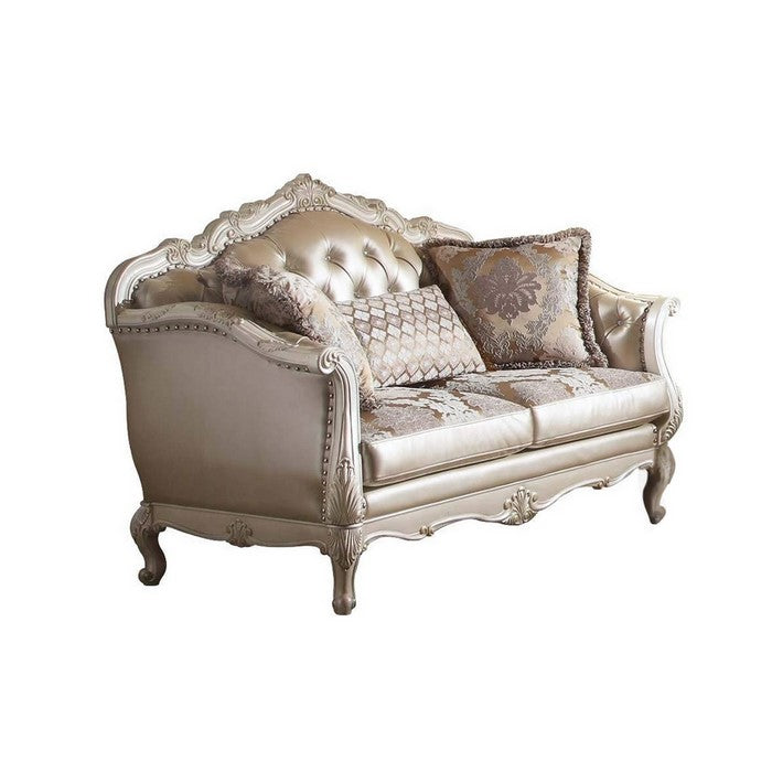 Leatherette Button Tufted Loveseat with Queen Anne Legs, Champagne Gold - BM221339