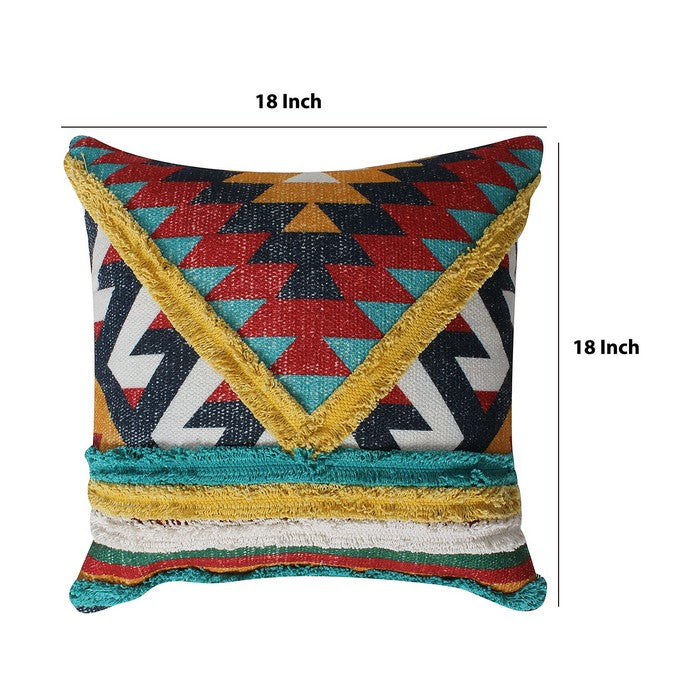 18 x 18 Handwoven Cotton Accent Pillow with Patchwork, Multicolor