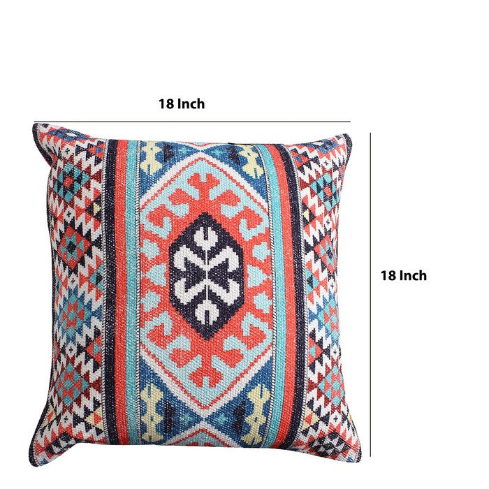 18 x 18 Handwoven Cotton Accent Pillow with Kilim Print, Multicolor