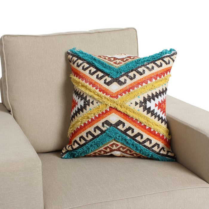 18 x 18 Handwoven Cotton Accent Pillow with Lace Embellishment, Multicolor