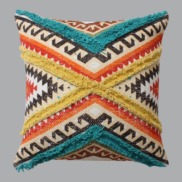 18 x 18 Handwoven Cotton Accent Pillow with Lace Embellishment, Multicolor