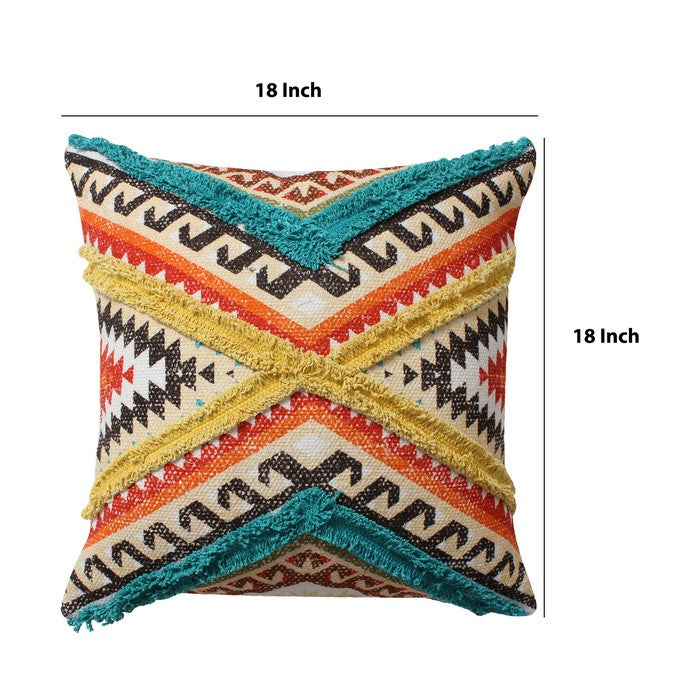 18 x 18 Handwoven Cotton Accent Pillow with Lace Embellishment, Multicolor