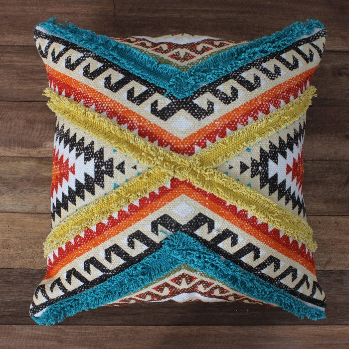 18 x 18 Handwoven Cotton Accent Pillow with Lace Embellishment, Multicolor