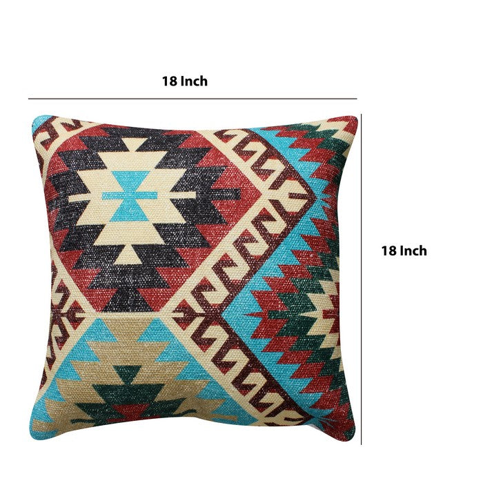 18 x 18 Handwoven Textured Cotton Accent Pillow with Tribal Print, Multicolor