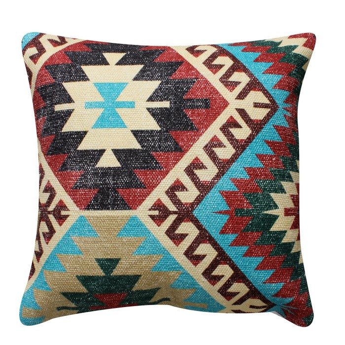 18 x 18 Handwoven Textured Cotton Accent Pillow with Tribal Print, Multicolor