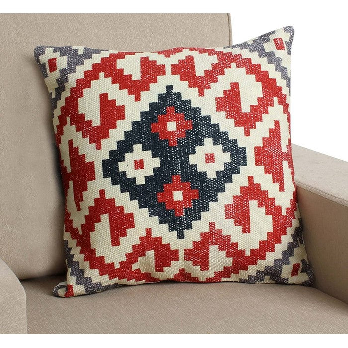 18 x 18 Vintage Kilim Print Cotton Accent Pillow, Red and White