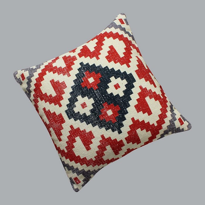 18 x 18 Vintage Kilim Print Cotton Accent Pillow, Red and White