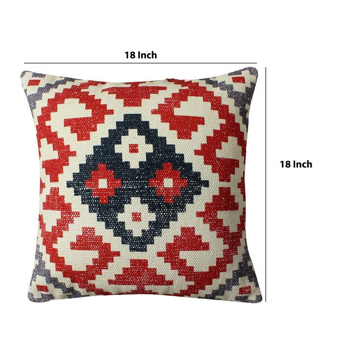 18 x 18 Vintage Kilim Print Cotton Accent Pillow, Red and White