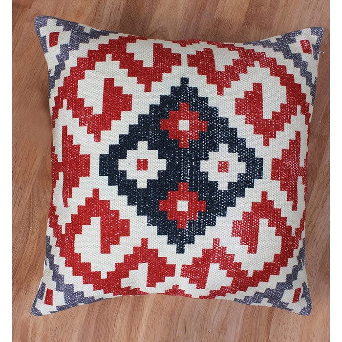 18 x 18 Vintage Kilim Print Cotton Accent Pillow, Red and White