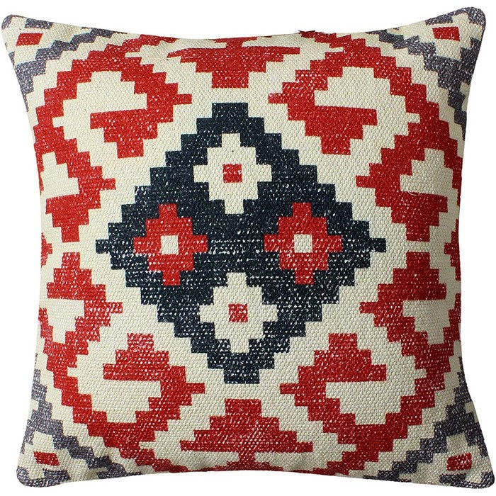 18 x 18 Vintage Kilim Print Cotton Accent Pillow, Red and White