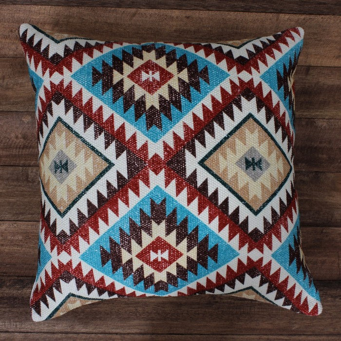 18 x 18 Inches Kilim Printed Cotton Accent Pillow, Red and Blue
