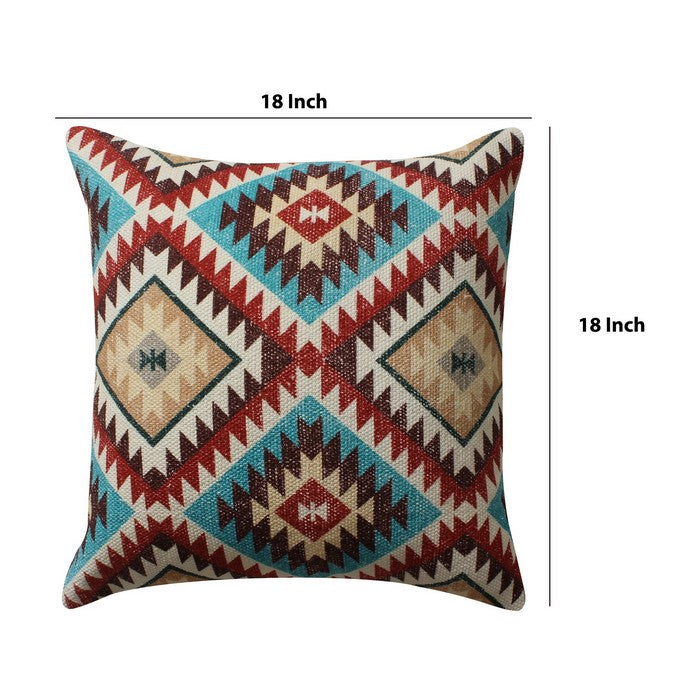 18 x 18 Inches Kilim Printed Cotton Accent Pillow, Red and Blue