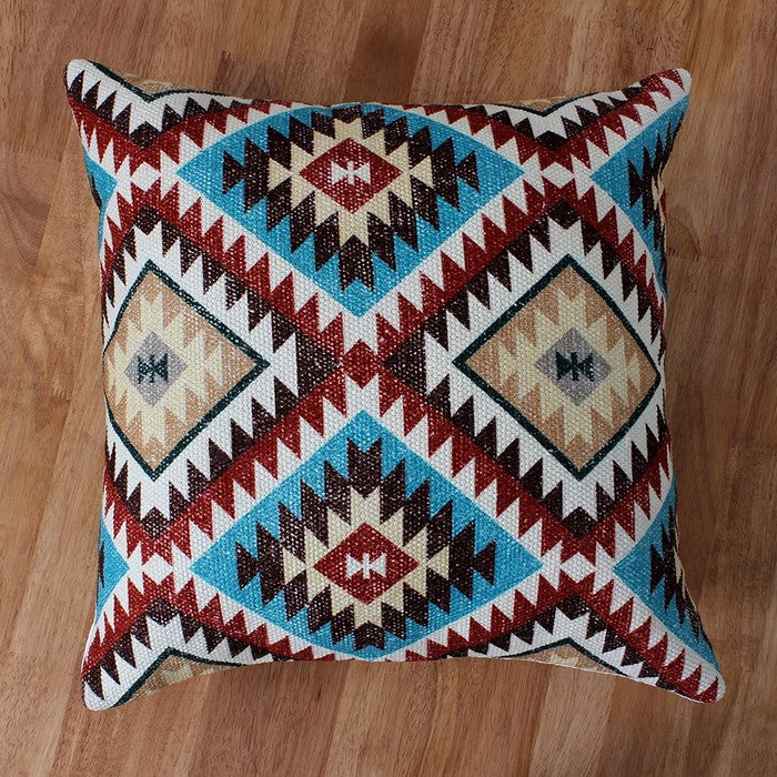 18 x 18 Inches Kilim Printed Cotton Accent Pillow, Red and Blue