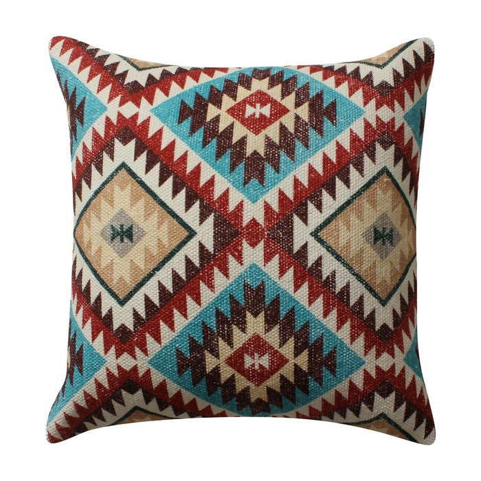 18 x 18 Inches Kilim Printed Cotton Accent Pillow, Red and Blue