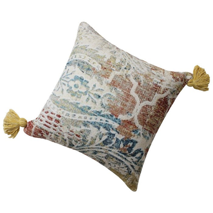 18 x 18 Hand Block Printed Cotton Accent Pillow with Fringes, Multicolor