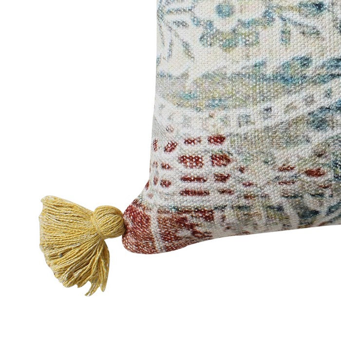 18 x 18 Hand Block Printed Cotton Accent Pillow with Fringes, Multicolor