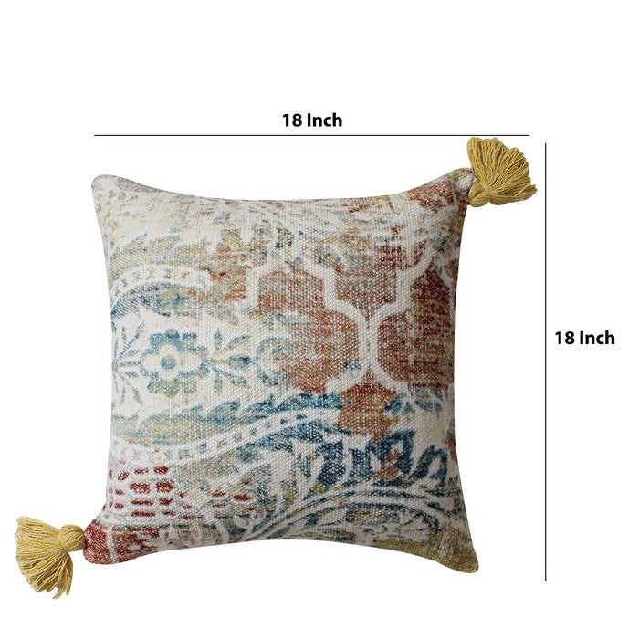 18 x 18 Hand Block Printed Cotton Accent Pillow with Fringes, Multicolor