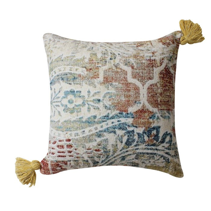 18 x 18 Hand Block Printed Cotton Accent Pillow with Fringes, Multicolor