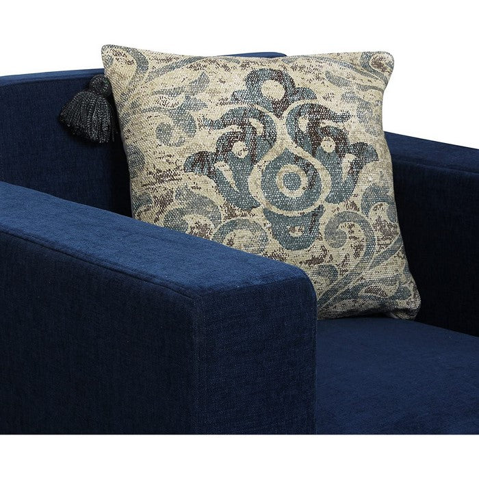 18 x 18 Handwoven Cotton Accent Pillow with Scroll Print, Blue and White
