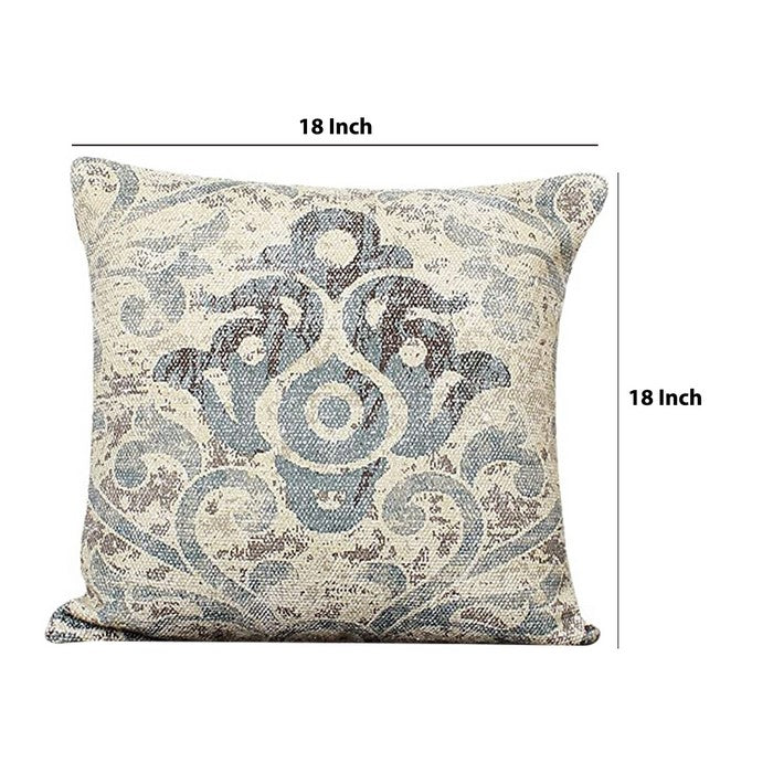 18 x 18 Handwoven Cotton Accent Pillow with Scroll Print, Blue and White