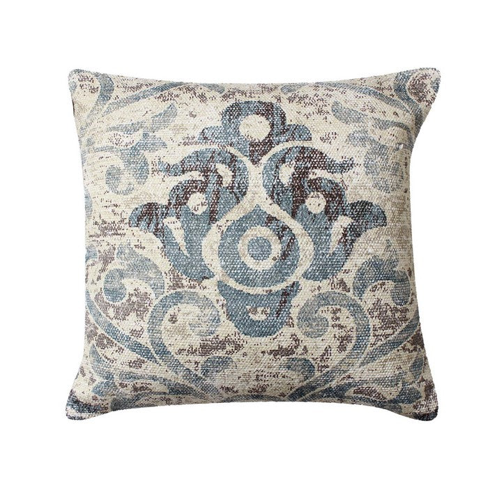 18 x 18 Handwoven Cotton Accent Pillow with Scroll Print, Blue and White