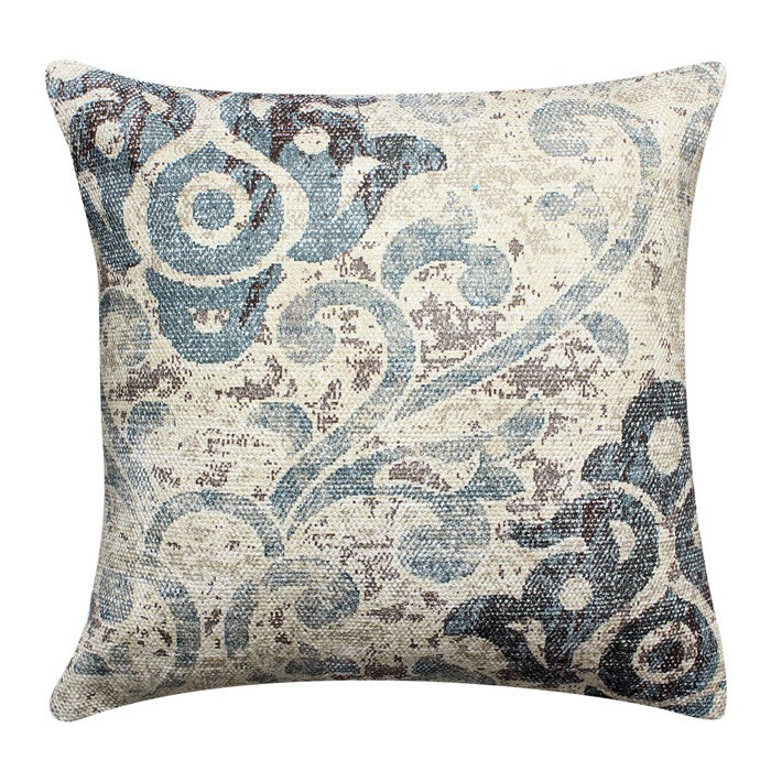18 x 18 Inches Handwoven Accent Pillow with Scroll Print, Blue and White