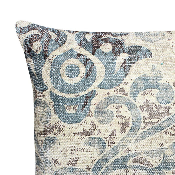 18 x 18 Inches Handwoven Accent Pillow with Scroll Print, Blue and White