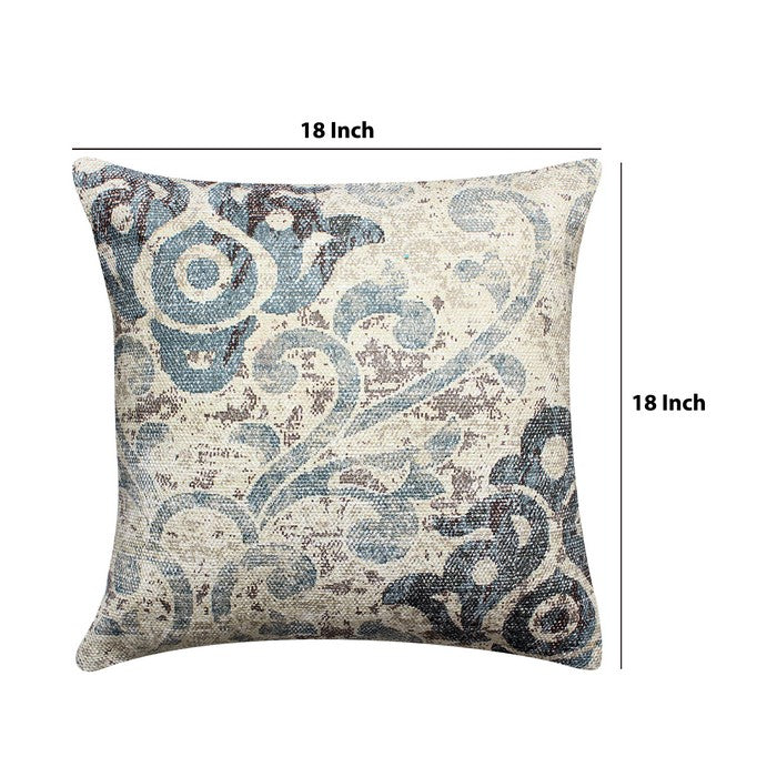 18 x 18 Inches Handwoven Accent Pillow with Scroll Print, Blue and White