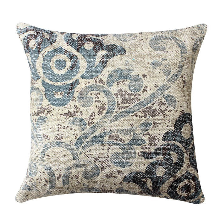 18 x 18 Inches Handwoven Accent Pillow with Scroll Print, Blue and White